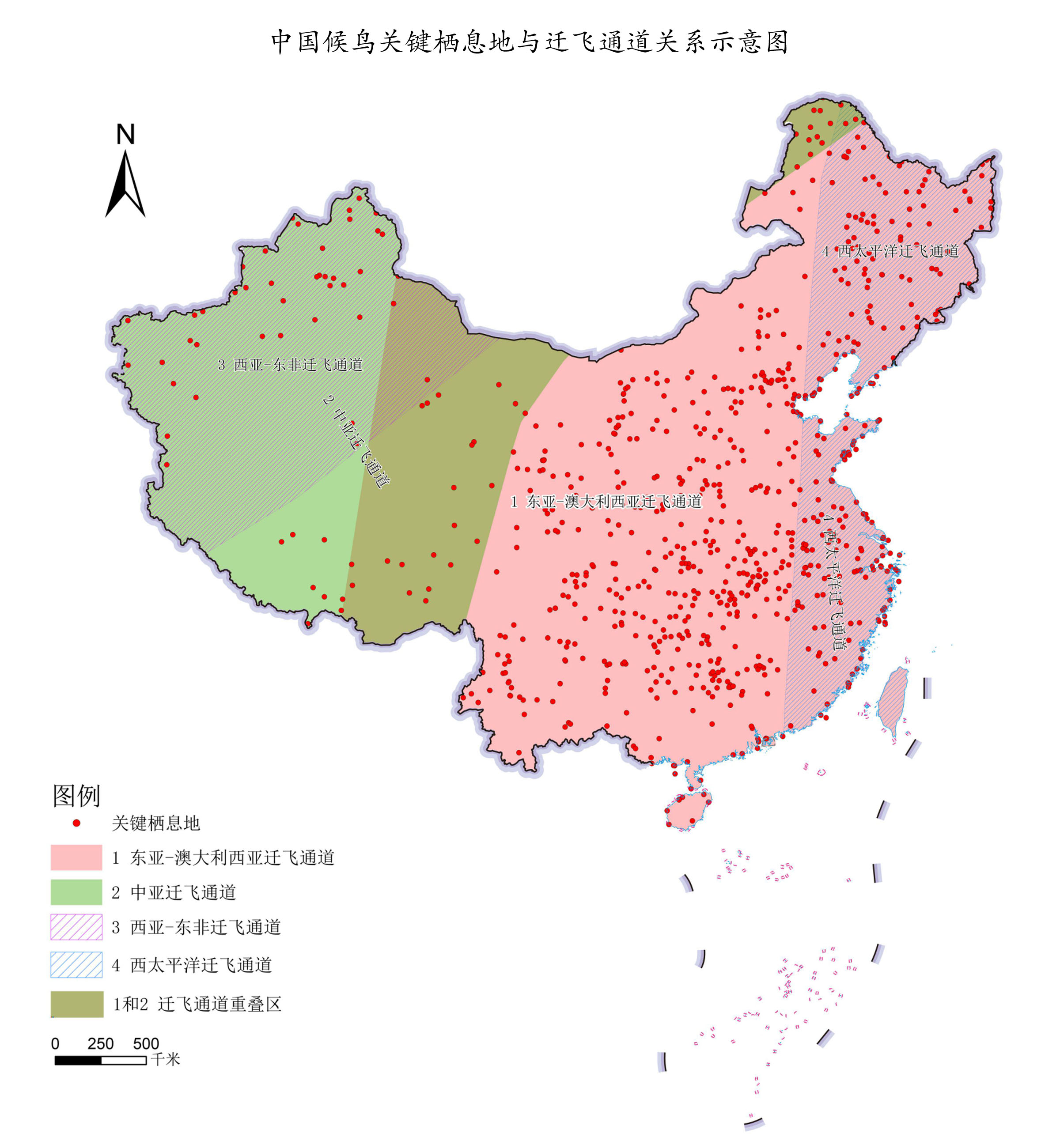 中国候鸟关键栖息地与迁飞通道关系示意图